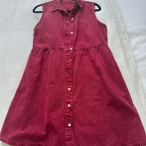 Sleeveless Red Button-Down Denim Dress